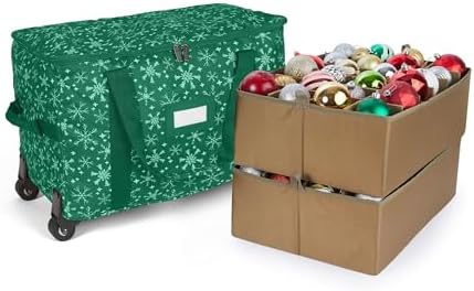 Covermates Keepsakes Rolling Adjustable Ornament Storage Bag – Heavy-Duty Polyester, FlexGrid Trays & Padded Dividers – Protective Holiday Organizer with Wheels, Handles & ID Window, Green Snowflake