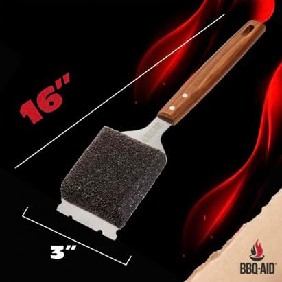 BBQ-AID Bristle Free Grill Brush and Scraper for Barbecue - Extended Large Wooden Handle with Replaceable Head - No Scratch BBQ Cleaning Accessories for Outdoor Grills