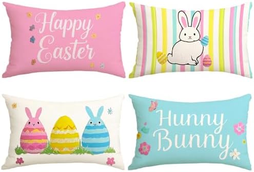 Easter Pillow Covers 12x20 Inch,Easter Decorations for Home,Set of 4 Happy Easter Hunny Bunny Pink Blue Decorative Throw Pillow Covers Spring Farmhouse Decor