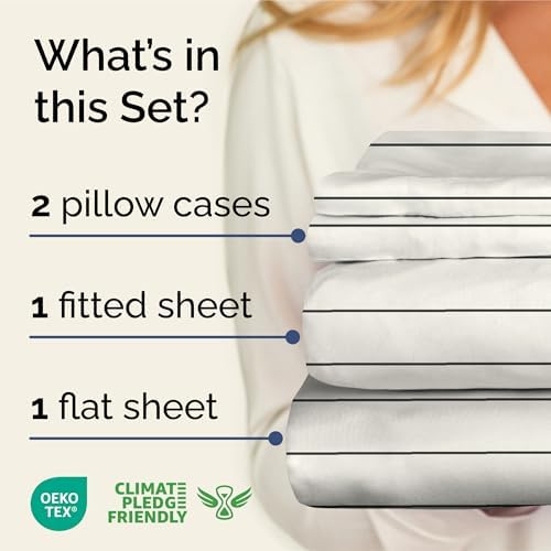 Queen 4 Piece Striped Sheet Set - Soft, Breathable & Cooling - Cream Stripe