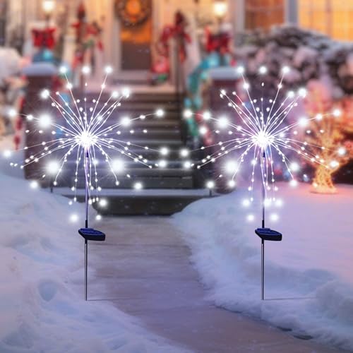 Solar Garden Firework Lights Outdoor Waterproof, 4 Pack Solar Powered Art Stake Twinkle Lighting for Outside Decor, 120 LED Sparklers String Lights for Yard Pathway Christmas Decorations(White)