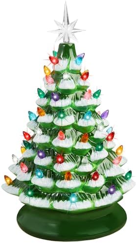 Best Choice Products 15in Ceramic Christmas Tree, Pre-lit Hand-Painted Tabletop Holiday Tree, 2 Star Toppers, 64 Lights - Flocked w/Multicolored Bulbs