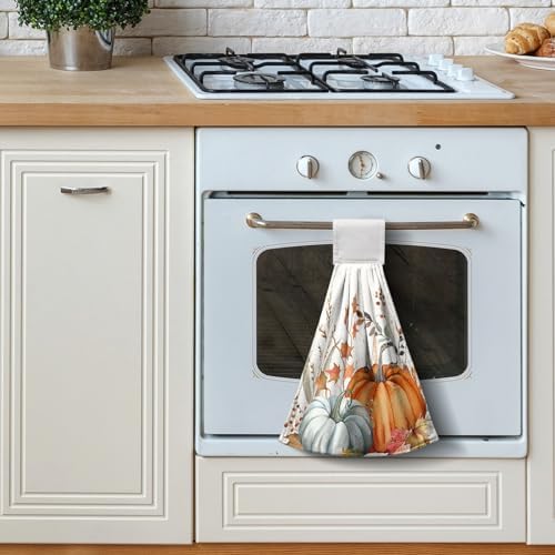 Fall Orange Pumpkin Hanging Hand Towels Set of 2 Autumn Harvest Maple Leaves Kitchen Towels with Hanging Loop Thanksgiving Holiday Bath Towels Soft Absorbent Fingertip Dish Tie Towel for Bathroom