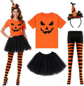 Maiteenly Halloween 4pcs Costume Set Pumpkin T Shirt Bat Headband Striped Tights Tutu Ballet Skirt for Women Halloween Party