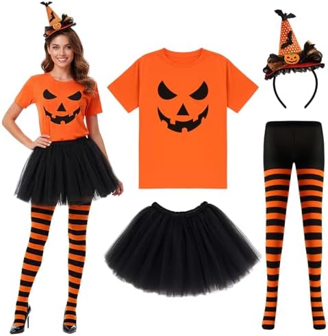 Maiteenly Halloween 4pcs Costume Set Pumpkin T Shirt Bat Headband Striped Tights Tutu Ballet Skirt for Women Halloween Party