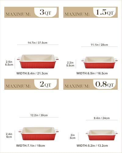 MALACASA Ceramic Casserole Baking Dishes Set of 4, Red with Handles