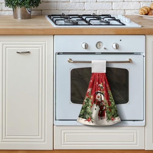 Winter Snowman Red Hanging Kitchen Towels Set of 2 Christmas Snow Snowman Pine Tree Bird Hand Towel with Hanging Loop Xmas Farmhouse Bath Towels Soft Absorbent Fingertip Dish Tie Towel for Bathroom