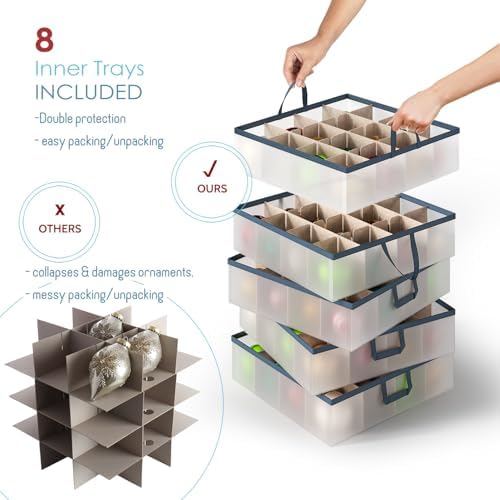 Large Christmas Ornament Storage Box With Adjustable Dividers - Plastic Ornament Storage Container For 128 Holiday Ornaments or Decorations - By Hearth & Harbor
