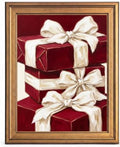 Framed Canvas Wall Art Painterly Gift Boxes Deep Red Wrapping with Thick White Ribbons Canvas Print Poster Gold Frame Wall Decor for Dining Room and Living Room Festive Art, Holiday Decor - Inch 8x10