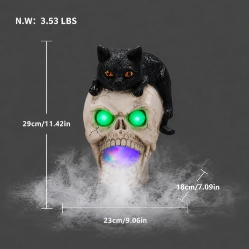 Halloween Black Cat Skeleton Statue LED Light Smoke Effect Decor