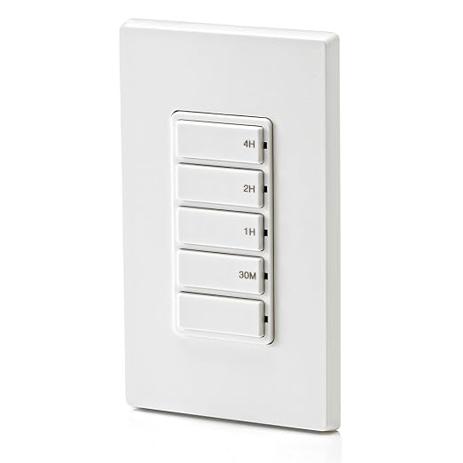 Leviton Countdown Timer Switch for household lights, heaters and exhaust fans, 30 min, 1-2-4 hour, No Neutral Wire Required, Single Pole, 15A, 1/2 HP/9.8A Fan/Motor, DT104-1LW, White