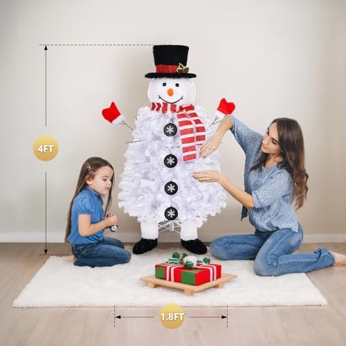VINGLI 4ft Snowman Christmas Tree with 160 LED Lights, 400 Tips Artificial Xmas Tree, 10 Light Modes Changing, Festive Indoor Christmas Decor for Holiday Party and Home Pre-Lit Design