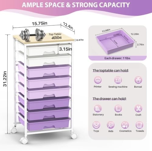 Goovilla Rolling Cart with 8 Drawers for Art, Dorm, Office, Craft, Purple