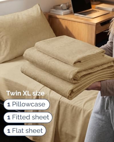 Twin XL Size 3 Piece Sheet Set - Comfy Breathable & Cooling - Heathered Tan