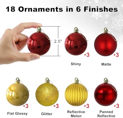 18Pcs Christmas Balls Ornaments for Xmas Tree - Shatterproof Christmas Tree Decorations Medium Hanging Ball Red & Gold 2.5in x 18 Pack