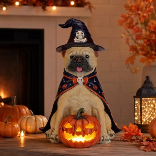 Bulldog Statue Halloween Decoration with LED Pumpkin Lantern