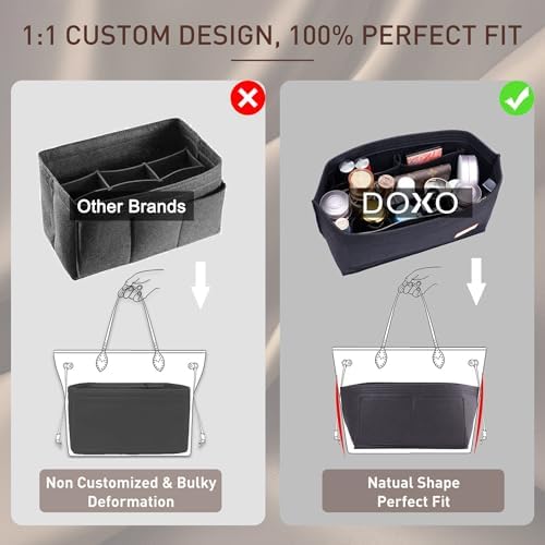 Doxo Purse Organizer Insert for Handbags & Base Shaper 2pc Set, Felt Neverfull PM Organizer Insert, Tote Bag Organizer with Zipper Pocket and Bottle Holder, Fit Neverfull PM and More, Black-M