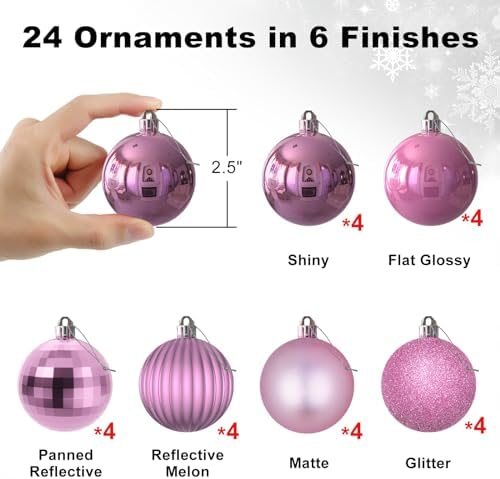 GameXcel 24Pcs Christmas Balls Ornaments for Xmas Tree - Shatterproof Christmas Tree Decorations Medium Size Hanging Ball Pink 2.5 inch x 24 Pack inch