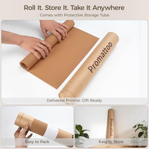 1.6mm Thick Leather 16x36 Inch Non-Slip Mat, Waterproof Countertop Protector, Wide Coffee Station/Large Office Desk Pad, Caramel Brown
