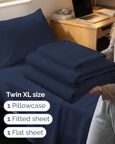 Twin XL Size 3 Piece Sheet Set - Breathable & Cooling Sheets - Navy Blue
