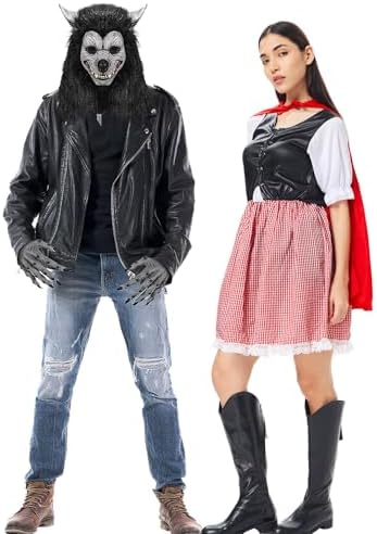 Adult Little Red Riding Hood Costume Set with Wolf Mask for Couples