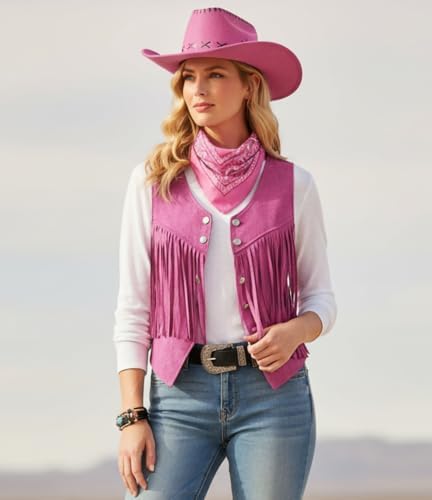 Women Cowgirl Costume Western Vest Hat Belt Set for Cowgirl Cowboy Halloween Cosplay