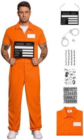 Arvilhill 6 Pcs Men's Prisoner Costume Orange Jumpsuit Outfit for Halloween