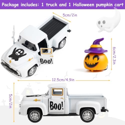 White Halloween Truck Decor, Pumpkin Pickup for Farmhouse Tabletop