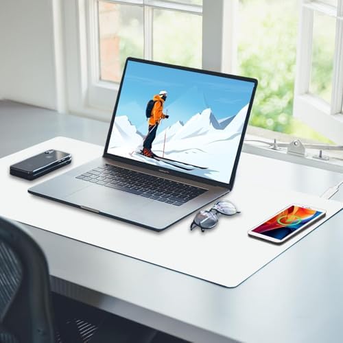 Desk Mat with Wireless Charging, White Mouse Pad with Wireless Charger, Desk Pad Matt for Desktop, Mousepad Gaming Large Mouse Pad, Leather Compute for Keyboard and Mouse, 32" x 16"