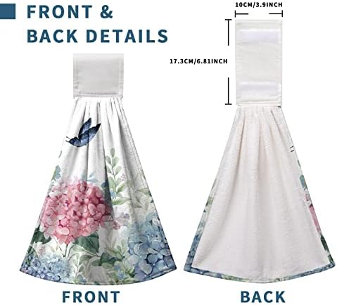 Blue Hydrangea Hanging Hand Towels Set of 2 Watercolor Summer Pink Flower Butterfly Kitchen Towels with Hanging Loop Green Leaf Dish Cloth Towels Soft Absorbent Fingertip Bath Tie Towels for Bathroom