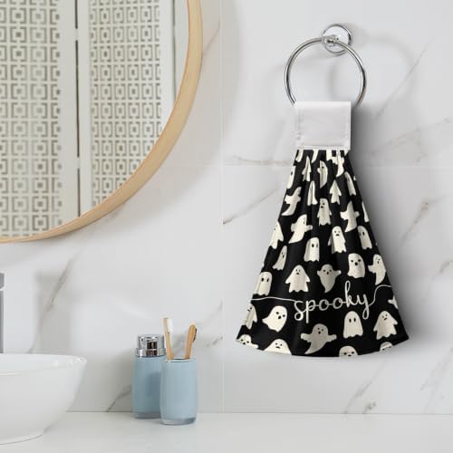 Halloween Kitchen Hanging Towel Set of 2 Black White Spooky Ghost Kitchen Hand Towels with Hanging Loops Dish Washcloth Soft Absorbent Bath Tie Towel for Bathroom Decor