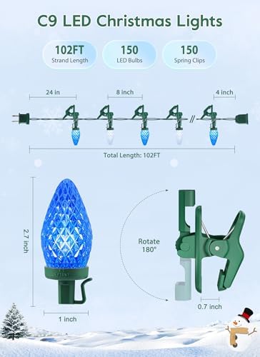 C9 Christmas Lights Outdoor, 102FT 150 LED String Lights with Spring Clips