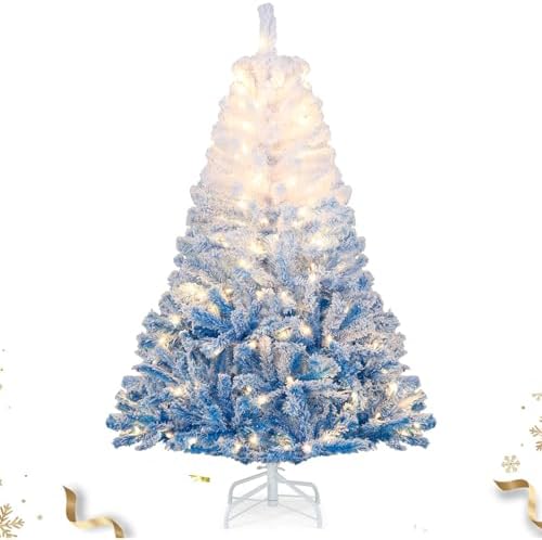 HAPPYGRILL 5 FT Pre-lit Flocked Christmas Tree Blue Hinged Xmas Tree with 456 Branch Tips, 180 Warm White LED Lights & Folding Metal Stand, for Home Office Carnival