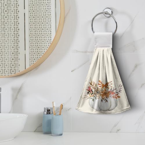 Fall White Pumpkins Hanging Hand Towels Set of 2 Autumn Watercolor Fall Leaves Kitchen Towels with Hanging Loop Thanksgiving Holiday Bath Towels Soft Absorbent Fingertip Dish Tie Towel for Bathroom