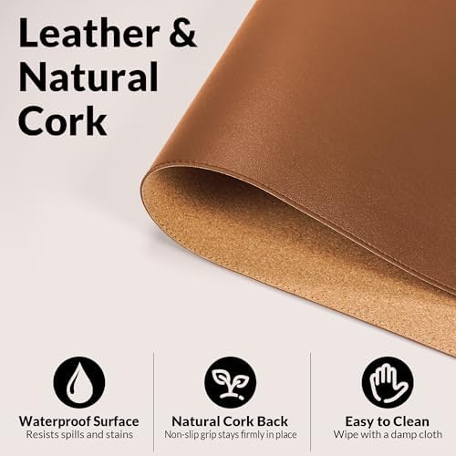 AFIING Leather Desk Mat, Brown, 31.5" x 17", Cork Desk Pad Protector