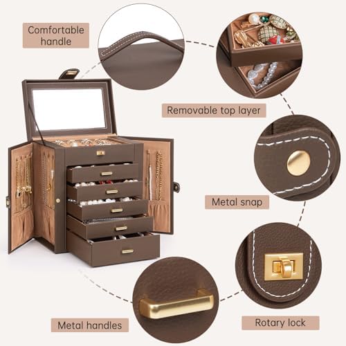 AKOZLIN 6-Tier Jewelry Box Organizer 5 Drawers Storage Medium Brown