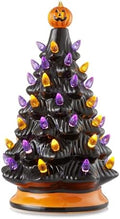 Casafield Hand-Painted Ceramic Halloween Tree, Black 12-Inch Pre-Lit Decoration with 100 Multi-Color Lights, Jack-O-Lantern and Star Toppers