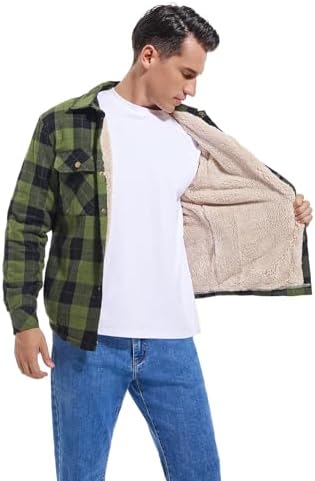 Men's Sherpa Cotton Flannel Shirt Jacket Plaid Button Coat Pocket