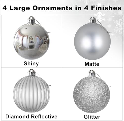 Silver 4.0" Large Christmas Balls - Christmas Tree Decoration Ornaments Shatterproof Hanging Balls for Birthday Halloween Holiday Wedding Decorations Set of 4pcs