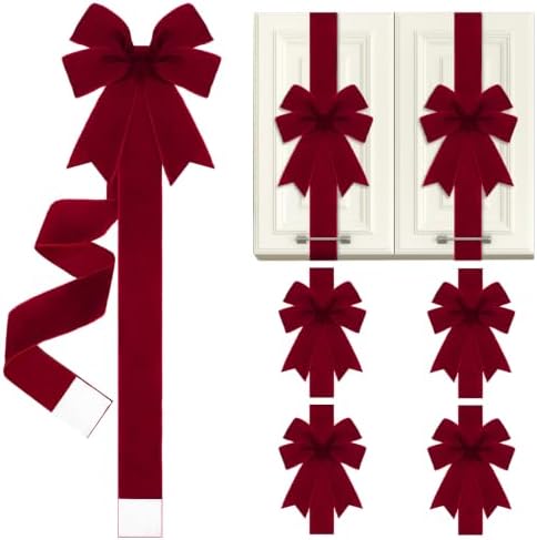 Daifunli 4 Pcs Burgundy Velvet Christmas Cabinet Bows Ribbons for Kitchen