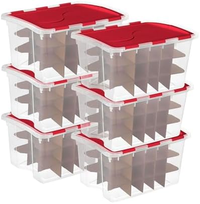Sterilite 48 Quart Clear Stackable Holiday Christmas 45 Ornament Storage Box with Lid (6 Pack)