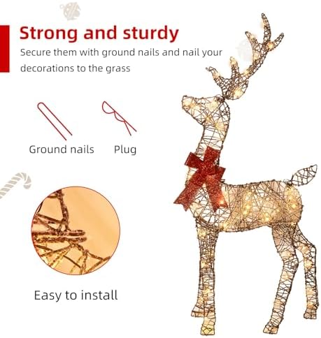 HOYECHI 4ft Christmas Decorations Outdoor Lighted Reindeer – 3-Piece 2D Deer Family Set with 145 Warm White LED Lights for Yard, Lawn, Garden & Porch Holiday Display - Rattan