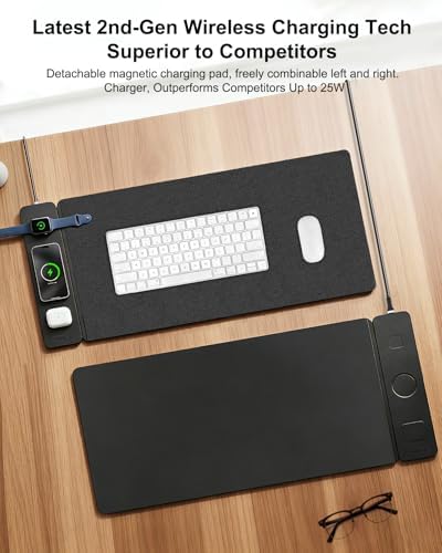 2nd Gen 3-in-1 Wireless Fast Charging Mouse Pad, 35.43"×15.75" Large Waterproof Desk Mat, Magnetic Detachable Panel, Jacquard Fabric Rubber Base, for Office & Gaming