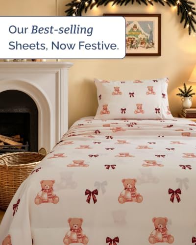 Christmas Sheet Set, Teddy Bears, Holiday Xmas Bedding Set - Twin Size