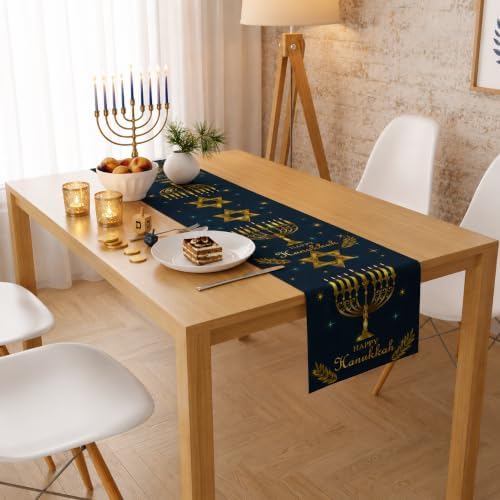 Hanukkah Decorations - Navy Blue Gold Hanukkah Table Runner