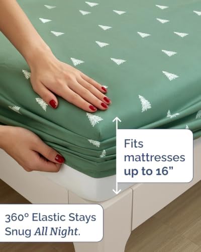 Christmas Sheet Set, Sage Pine Trees, Holiday Xmas Bedding Set - Full Size