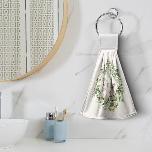 He is Risen Easter Kitchen Hanging Towels Set of 2 Easter Bunny Cross Hand Towels with Hanging Loop Spring Rabbits Green Leaf Wreath Dish Tie Towel Soft Absorbent Fingertip Bath Towel for Bathroom
