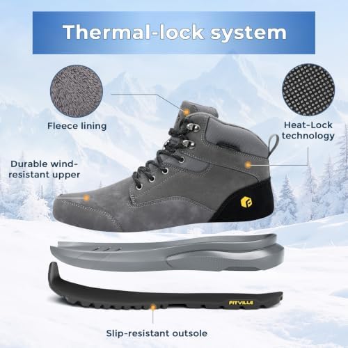 FitVille Mens Snow boots Wide Width Fur Lined Warm Winter Boots with Heat Lock Technology and Adjustable Lace up, Slip-Resistant Outsole for Outdoor