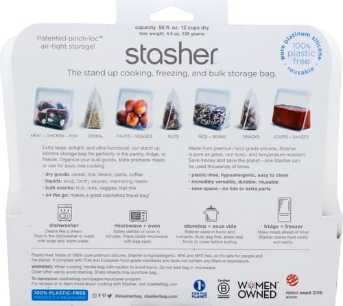Stasher Platinum Silicone Food Grade Reusable Storage Bag, Clear (Stand-Up Mid) | Reduce Single-Use Plastic | Cook, Store, Sous Vide, or Freeze | Leakproof, Dishwasher-Safe, Eco-friendly | 56 Oz