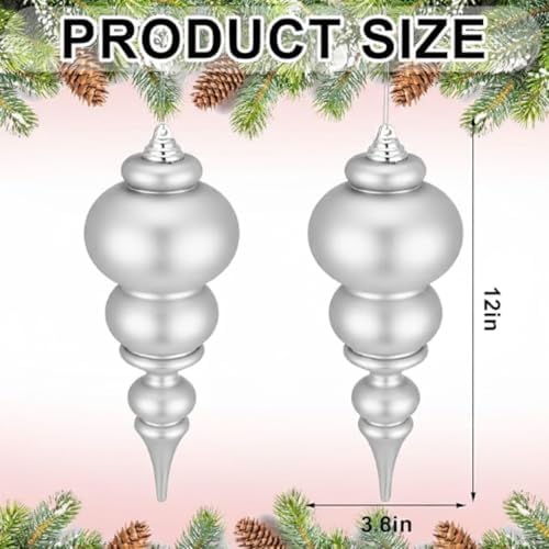 Soulchen 2 Pcs 12" Large Christmas Finial Drop Ornaments, Silver, Matte